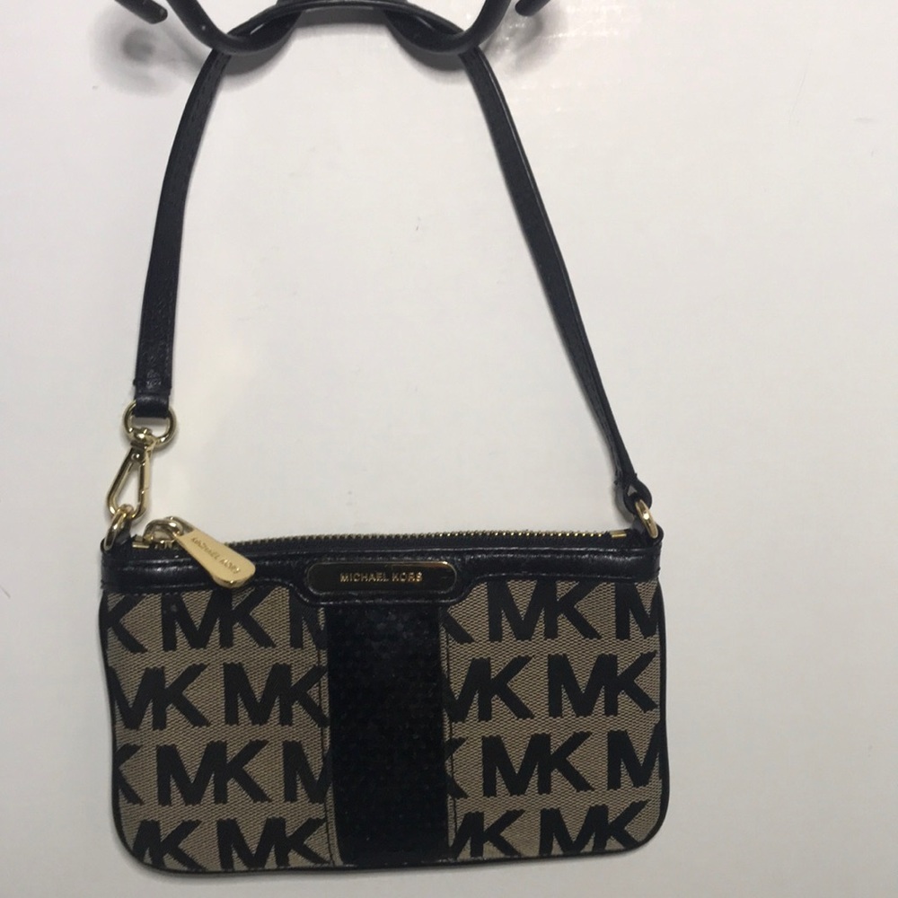 Michael Kors Wristlet with Black Sequins and MK logo canvas